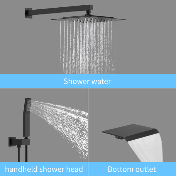 Rain Shower System Matte Black Tub Shower Faucet Set 10 Inch Square Rainfall Shower Head with Handheld Sprayer and Waterfall Tub Spout Pressure Balance Rough-in Valve Shower Mixer Combo[Unable to ship