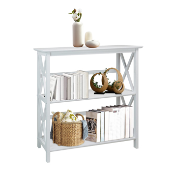 Storage Rack Wood Shelf Modern 3-Tier Ladder Bookcase Organizer White Color