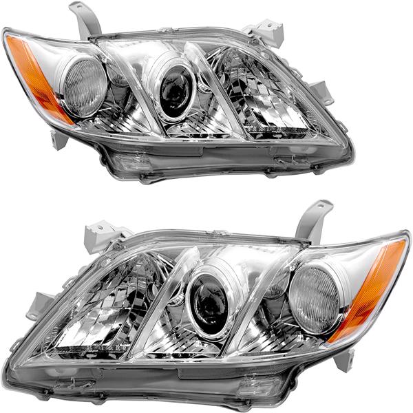 LEAVAN Headlight Assembly for 2007-2009 Toyota Camry, Amber Reflector Clear Lens Chrome Housing Projector Headlamps