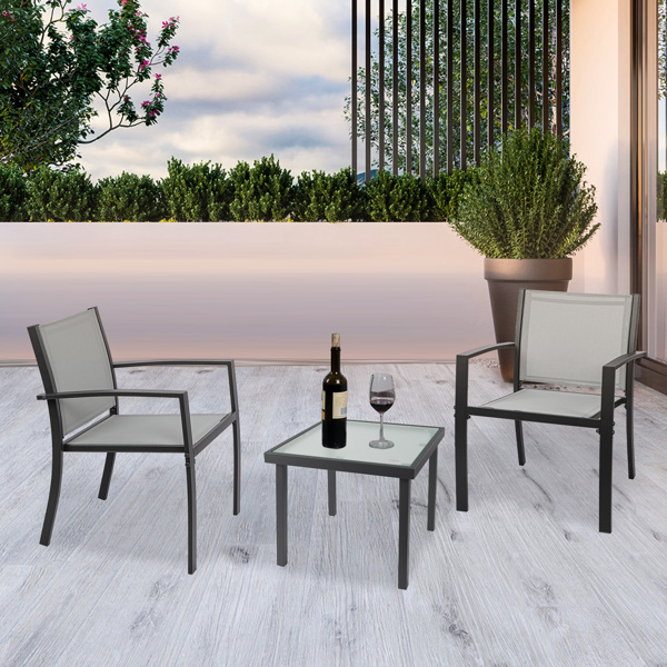 Grey Garden Furniture Set 2 Seater, Indoor Outdoor 3 Piece set Patio Furniture Set, Garden Table and Chairs, 2 ArmChairs + Glass Coffee Table Suitable for Patio Backyard Poolside