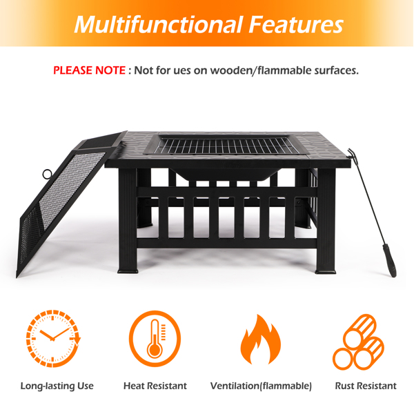 81CM Square Fire Pit for Garden Outdoor 3 in 1