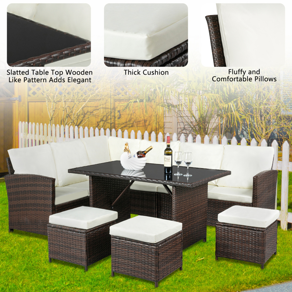 OUTVITA 9-Seater Rattan Furniture Outdoor Sofa Dining Table With Free Rain Cover Black Silk Screen Glass Beige Sofa Cover (UK Flame Retardant Material) Brown Gradient Rattan Rattan Multi-Piece Cover 
