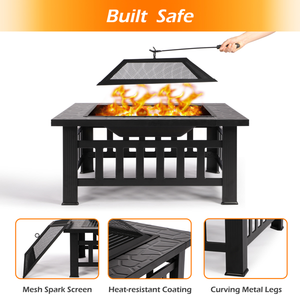 81CM Square Fire Pit for Garden Outdoor 3 in 1