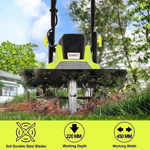Electric Tiller, 1500W Garden Soil Cultivator Rotavator with 6 Steel Blades, 45cm Cutting Width, Foldable Handle, 22cm Tilling Depth, 10m Power Cable