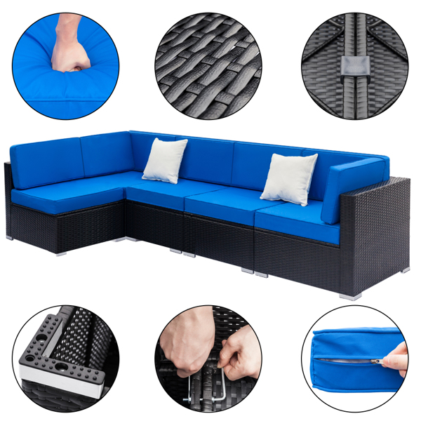 Fully Equipped Weaving Rattan Sofa Set with 2pcs Corner Sofas & 3pcs Single Sofas Black