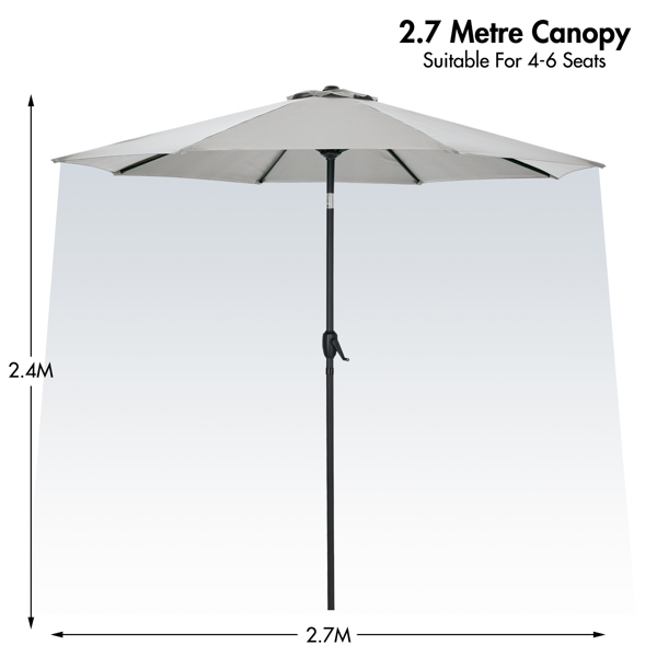 Grey 2.7M Garden Parasol, Patio Umbrella Sun Shading Tilting Sun Shade With Crank Handle, UV Protective 50+, Aluminium Pole, Compact For Pool, Garden, Any Outdoor Spaces