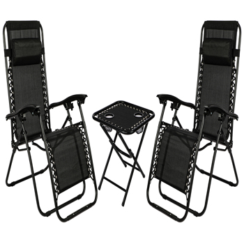 Black Folding Recliner Zero Gravity Garden Chair Set of 2, Heavy Duty Textoline Sun Lounger with Folding Table and Adjustable Head Pillow -Outdoor Garden Chair for Garden Patio Camping