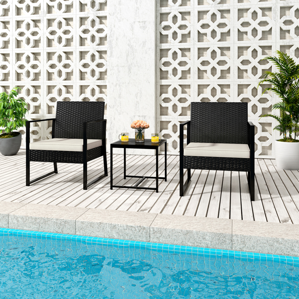 Black Rattan Garden Furniture Set, 3 PCS Rattan Weaving Wicker Bistro Set Include 2 Armchairs with Cushion, 2 Cushion Cove, 1 Coffee Table for Garden, Balcony, Pool Side 