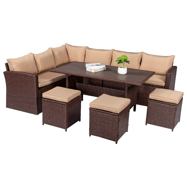 Eight-Piece Set Outdoor Rattan Dining Table And Chair Brown Wood Grain Rattan Khaki Cushion Plastic Wood Surface (4 Boxes In Total) 