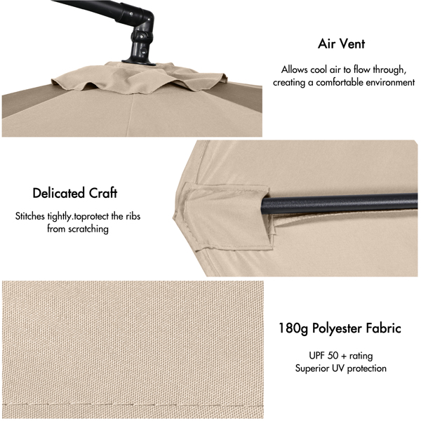 Brown 3M Cantilever Garden Parasol, UV50+ Protection Banana Patio Umbrella with Crank Handle & Tilt Function, for Outdoor Patio Garden Pool Sun Shade