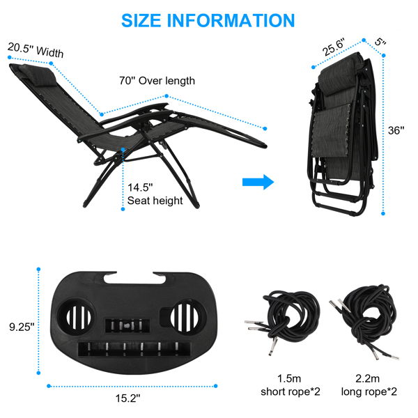 Black Sunloungers Recliner Set of 2, Zero Gravity Reclining Sun Lounger, Reclining Patio Garden Chairs Foldable Loungers With Cup Phone Holder Head Pillow, Perfect for Outdoor Patio Deck Poolside