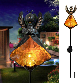 Solar Powered Lawn Lamp Exquisite Ground Street Light Cane Rod Angel Flame Moon Decorative LED Solar Lamp Iron Glass IP44 Waterproof for Garden Lawn Walkway Patio Yard