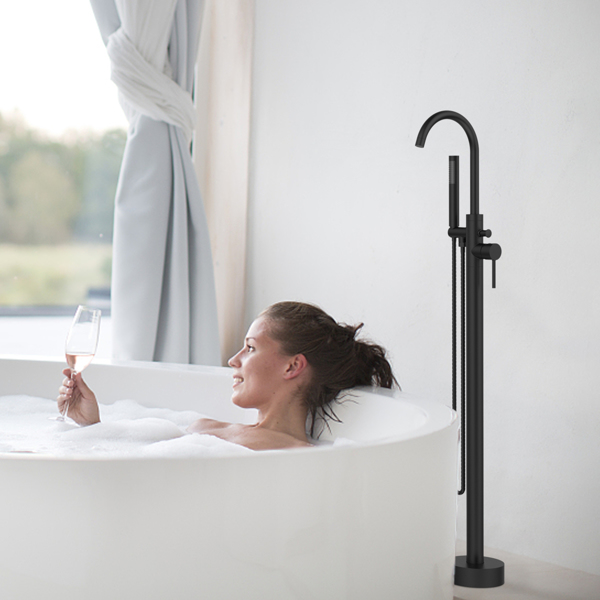 Freestanding Bathtub Faucet Tub Floor Mount Bathroom Faucets Brass Single Handle with Hand Shower High Flow Rate Max 6 GPM (Matte Black)[Unable to ship on weekends, please place orders with caution]