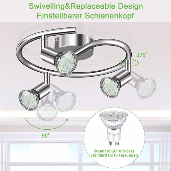 LED Ceiling Light Ceiling Spotlight 3 Bulb Rotatable Chrome Swivelling GU10
