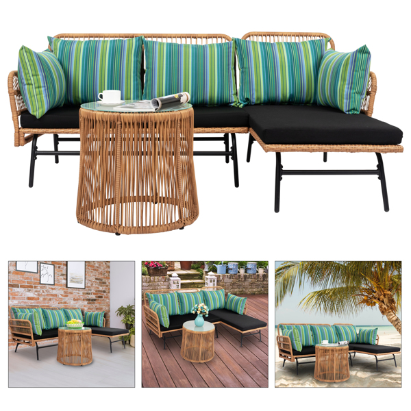 Outdoor 3 Piece Sectional Set Patio Furniture, Rope Woven L-Shaped Conversation Sofa Set for Backyard, Porch w/Thick Cushions, Detachable Lounger, Side Table 