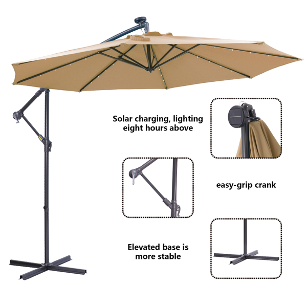 10 FT Solar LED Patio Outdoor Umbrella Hanging Cantilever Umbrella Offset Umbrella Easy Open Adustment with 32 LED Lights [Sale to Temu is Banned.Weekend can not be shipped, order with caution]