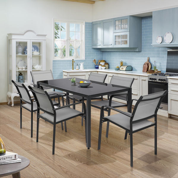 Garden Dining Table, Modern Rectangular Glass Dining Table, Black Glass Dining Table for Dining Room Kitchen Furniture