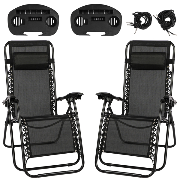 Black Sunloungers Recliner Set of 2, Zero Gravity Reclining Sun Lounger, Reclining Patio Garden Chairs Foldable Loungers With Cup Phone Holder Head Pillow, Perfect for Outdoor Patio Deck Poolside