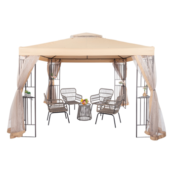 10\\' x 10\\' Steel Outdoor Patio /Gazebo /Garden Canopy with Removable Mesh Curtains,Double Tier Roof , & Steel Frame, Beige Top Cloth