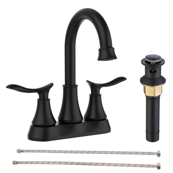 2-Handle 4-Inch Matte Black Bathroom Faucet, Bathroom Vanity Sink Faucets with Pop-up Drain and Supply Hoses[Unable to ship on weekends, please place orders with caution]