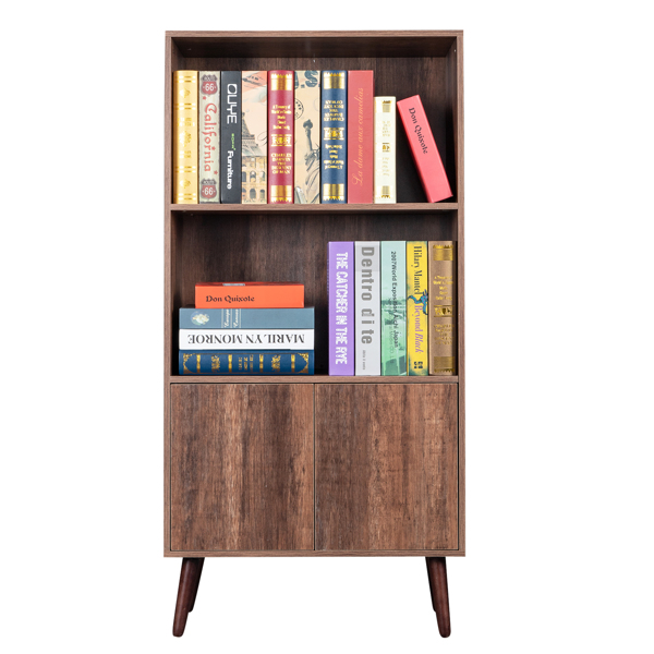 Bookcase, 2-Tier Bookshelf with Doors, Storage Cabinet for Books, Photos, Decorations, in Living Room, Office, Library（Walnut）