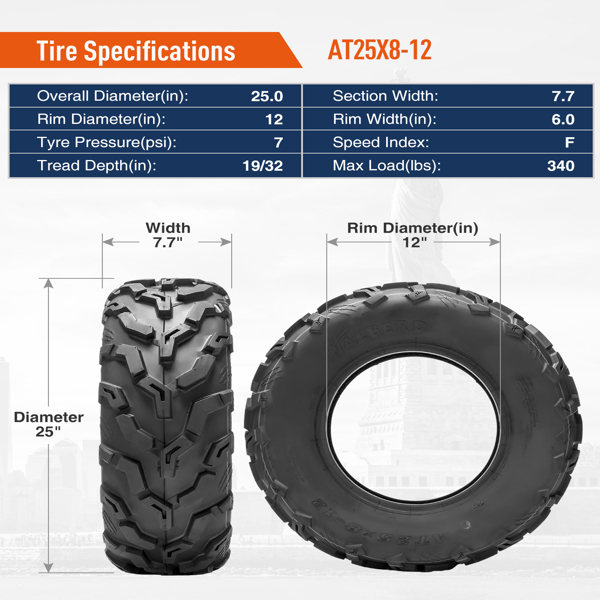 Set Of 2 25x8-12 ATV UTV Tires 6Ply Heavy Duty All Terrain 25x8x12 Replacement Tires