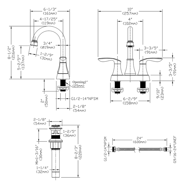 Bathroom Faucet Matte Black with Pop-up Drain & Supply Hoses 2-Handle 360 Degree High Arc Swivel Spout Centerset 6 Inch Vanity Sink Faucet 4011B-MB[Unable to ship on weekends, please place orders with