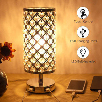 Crystal Bedside Table Lamp with 3-Way Dimmable, Touch Control Nightstand Lamps with 2 USB Ports,  Crystal Decorative Table Lamps for Bedroom Living Room Office (Bulb Included)