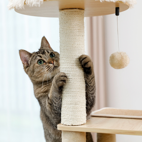 Modern Luxury Cat Tree Wooden Multi-Level Cat Tower Cat Sky Castle With 2 Cozy Condos, Cozy Perch, Spacious Hammock And Interactive Dangling Ball (Minimum Retail Price for US: USD 132.99)