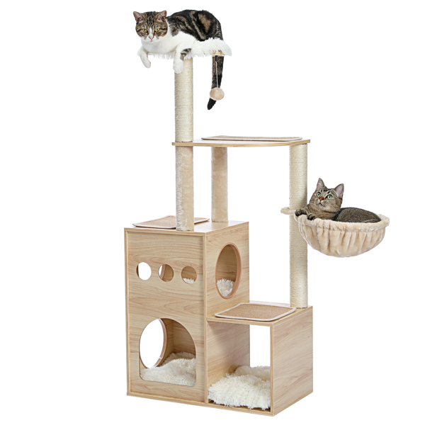 Modern Luxury Cat Tree Wooden Multi-Level Cat Tower Cat Sky Castle With 2 Cozy Condos, Cozy Perch, Spacious Hammock And Interactive Dangling Ball (Minimum Retail Price for US: USD 132.99)(Unable to sh