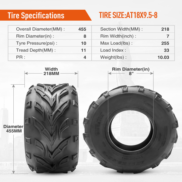 Set Of 2 18x9.5-8 ATV Tires 4Ply Heavy Duty 18x9.5x8 Go Kart Mini Bike Replacement Tires