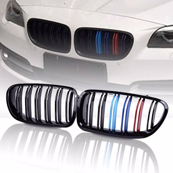LEAVAN Glossy black tricolor model double lath front kidney bumper grille compatible with BMW 2010-2017 f10/f18