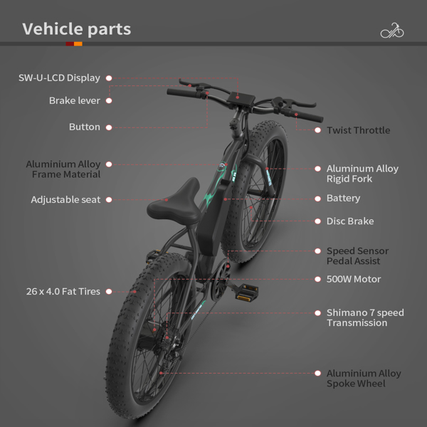 AOSTIRMOTOR New Fat Tire Adults Electric Bicycle 26 In. Electric Mountain Bike 36V 13AH S07-P（No fenders）