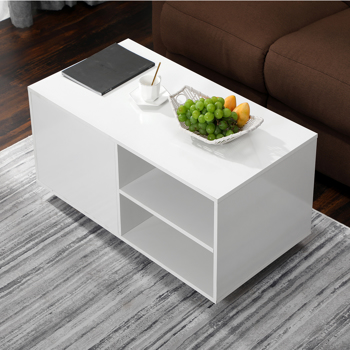 LED Coffee Table, Modern Movable Cocktail Table, White - High Gloss - Storage Compartment