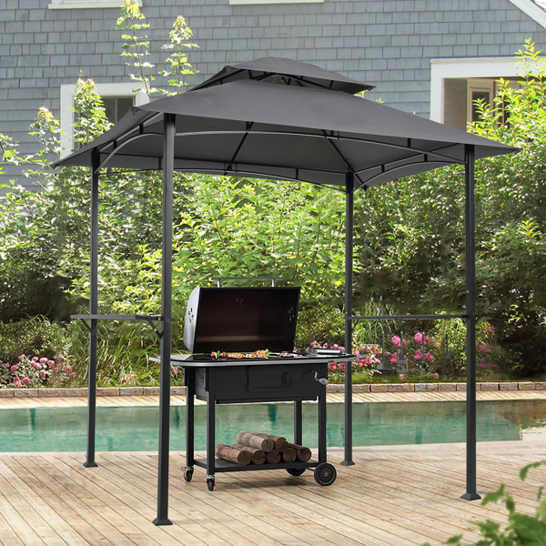 Outdoor Grill Gazebo 8 x 5 Ft, Shelter Tent, Double Tier Soft Top Canopy and Steel Frame with hook and Bar Counters, Grey [Sale to Temu is Banned.Weekend can not be shipped, order with caution]