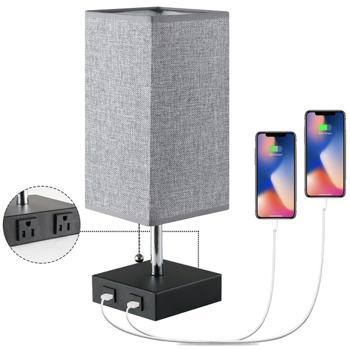Bedside Lamps for Bedrooms - Table Lamps for Nightstand with USB Ports, Small Night Stand Light Lamp with Grey Fabric Shade for End Table Living Room Home Office Study Room