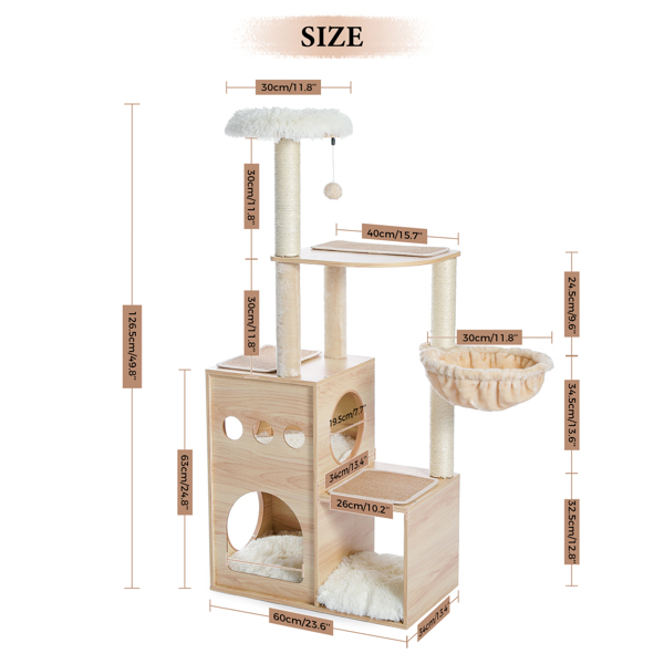 Modern Luxury Cat Tree Wooden Multi-Level Cat Tower Cat Sky Castle With 2 Cozy Condos, Cozy Perch, Spacious Hammock And Interactive Dangling Ball (Minimum Retail Price for US: USD 132.99)