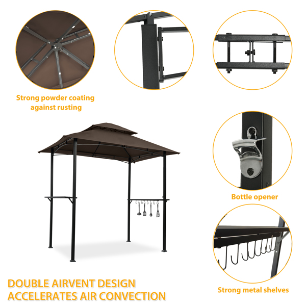 Outdoor Grill Gazebo 8 x 5 Ft, Shelter Tent, Double Tier Soft Top Canopy and Steel Frame with hook and Bar Counters, Brown [Sale to Temu is Banned.Weekend can not be shipped, order with caution]