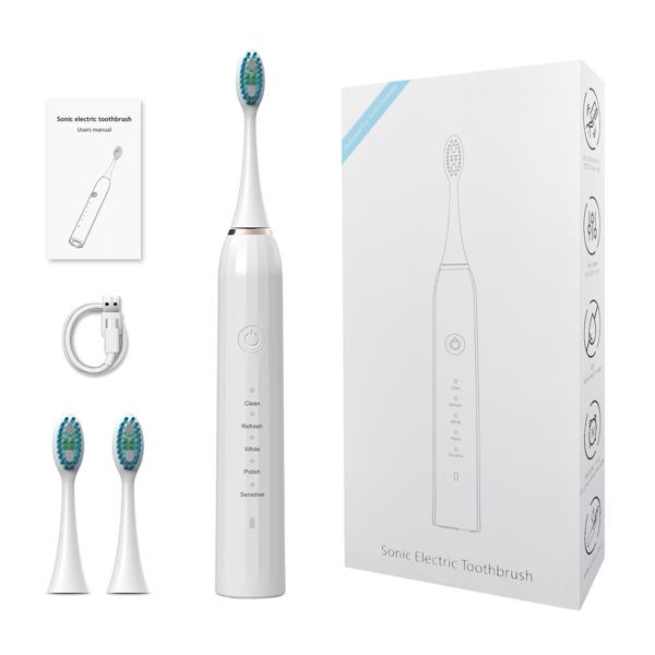 MOCEMTRY Sonic Electric Toothbrush 5 Modes + 2 Head IPX7 Waterproof USB Charging