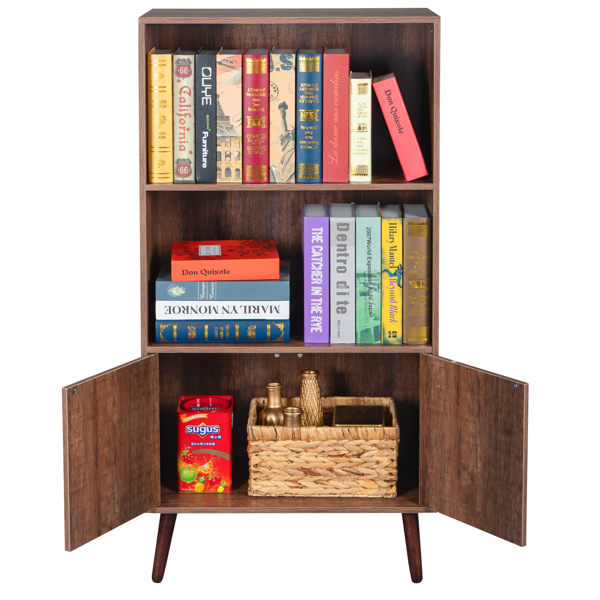 Bookcase, 2-Tier Bookshelf with Doors, Storage Cabinet for Books, Photos, Decorations, in Living Room, Office, Library（Walnut）