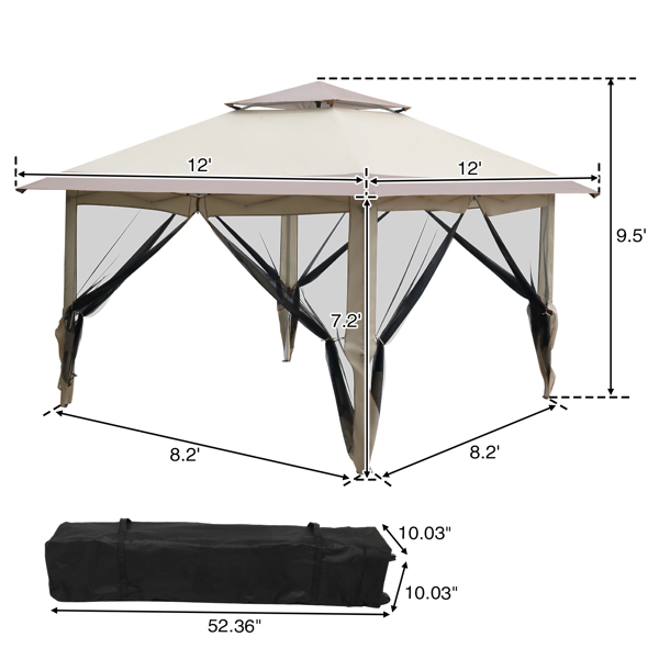 3.6*3.6m Oxford Cloth White Plastic-Sprayed Iron Pipe Right-Angle 4-Sided Gauze Mesh Double-Top Overhangs Portable One-Key Opening Folding Shed Khaki