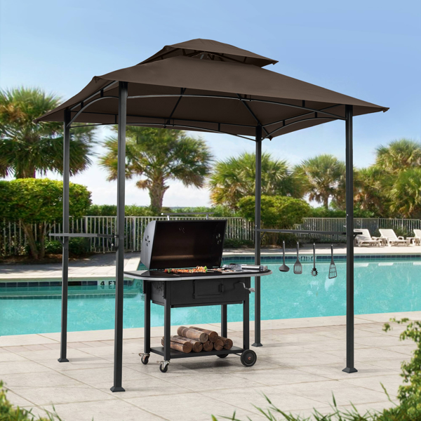  Outdoor Grill Gazebo 8 x 5 Ft, Shelter Tent, Double Tier Soft Top Canopy and Steel Frame with hook and Bar Counters, Brown