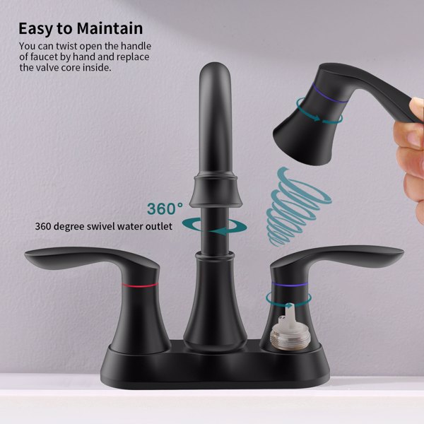 Bathroom Faucet Matte Black with Pop-up Drain & Supply Hoses 2-Handle 360 Degree High Arc Swivel Spout Centerset 6 Inch Vanity Sink Faucet 4011B-MB[Unable to ship on weekends, please place orders with