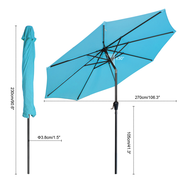 2.7M Garden Parasol Patio Umbrella with 8 Sturdy Ribs, Outdoor Sunshade Canopy with Crank and Tilt Mechanism UV Protection for Deck, Patio and Balcony