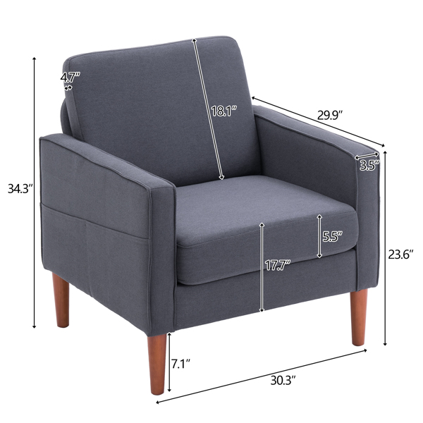 80*76*85cm  Linen Solid Wood Legs II Single Seat Without Chaise Concubine Solid Wood Frame Can Be Combined With Two Seats and Three Seats Indoor Modular Sofa Dark Grey