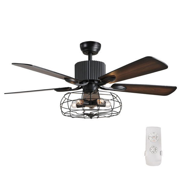 64W 52 Inch Matte Black Wrought Iron Spray Paint 5 Leaves With Remote Control Industrial Wind Fan Lamp Chandelier