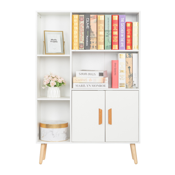 Storage Cabinet, Free Standing Wooden Display Bookcase with Double Doors, 2 Shelves, 3 Cubes and 4 Legs, Side Cabinet Decor Furniture for Home Office