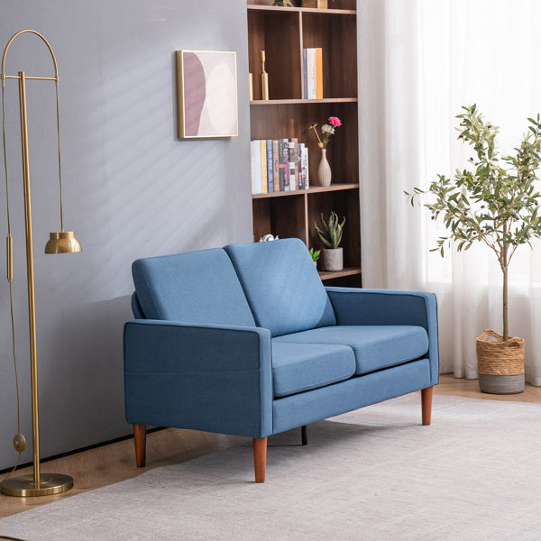 135*76*85cm Linen Solid Wood Legs II Double Seat Without Chaise Concubine Solid Wood Frame Can Be Combined With Single Seat Three Seat Indoor Modular Sofa Navy Blue