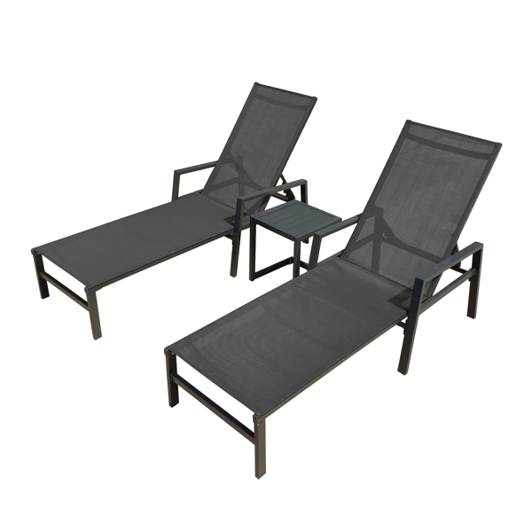 Outdoor 3-Pcs Set Chaise Lounge Chairs With Table,Five-Position Adjustable Aluminum Recliners Set