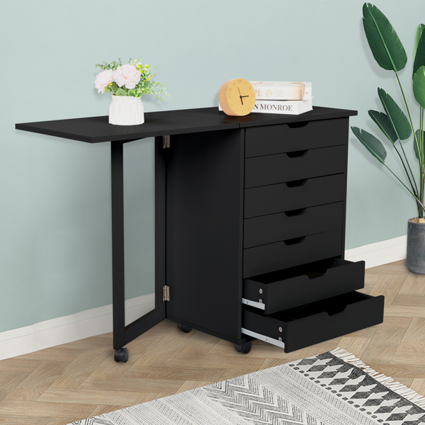 Wood Filing Cabinet, 7 Drawer Gate Leg Roll Cart with Desk Black Color